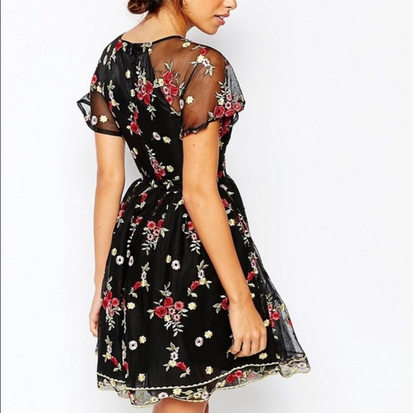 Chi Chi London Petite All Over Folk Floral Embroidered Skater Dress - Picture 3 of 11